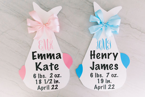 Stork baby girl name new baby pink ribbon