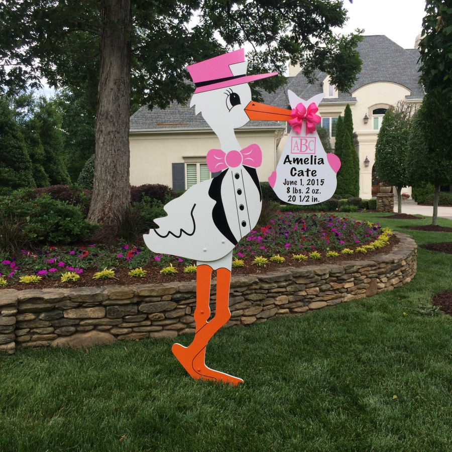 Pink stork with monogram for rent in Charlotte, Fort Mill and Rock Hill areas in North Carolina