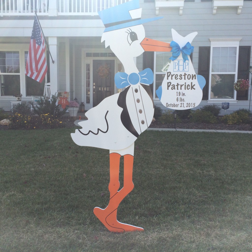 Stork sign rental with monogram in Indian Trail NC