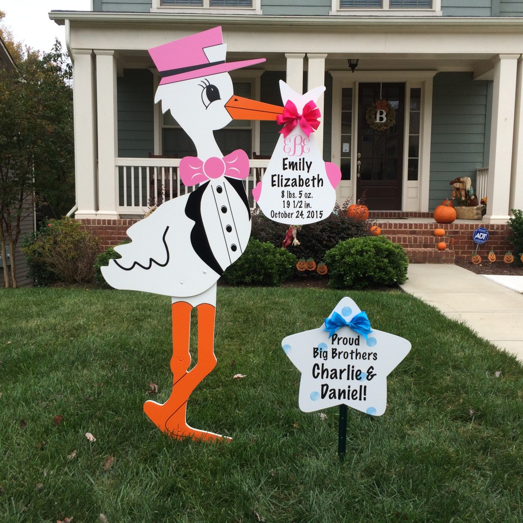 Stork sign rental with monogram and sibling star in Fort Mill SC